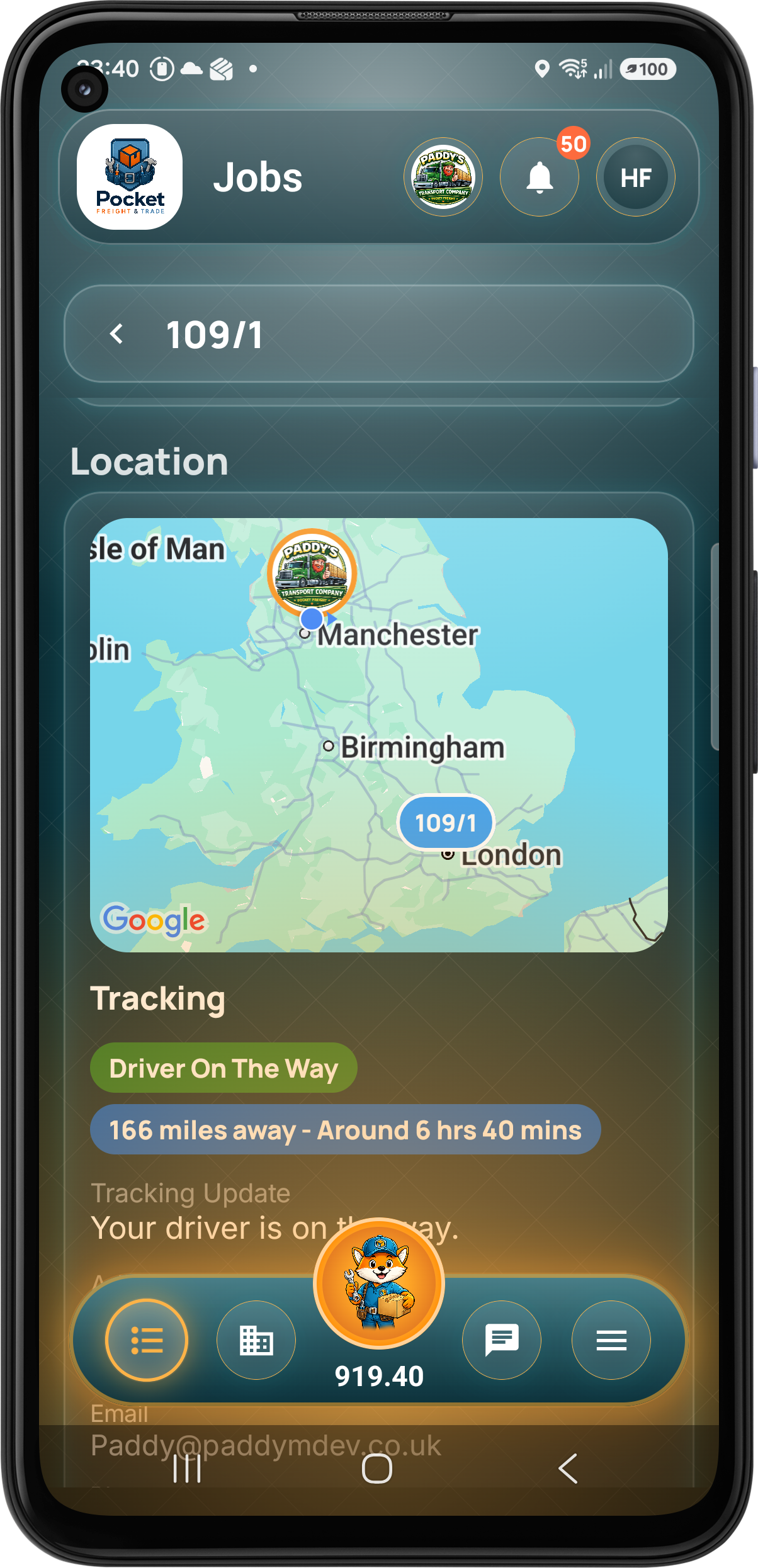 Customer live job tracking with driver location distance and ETA
