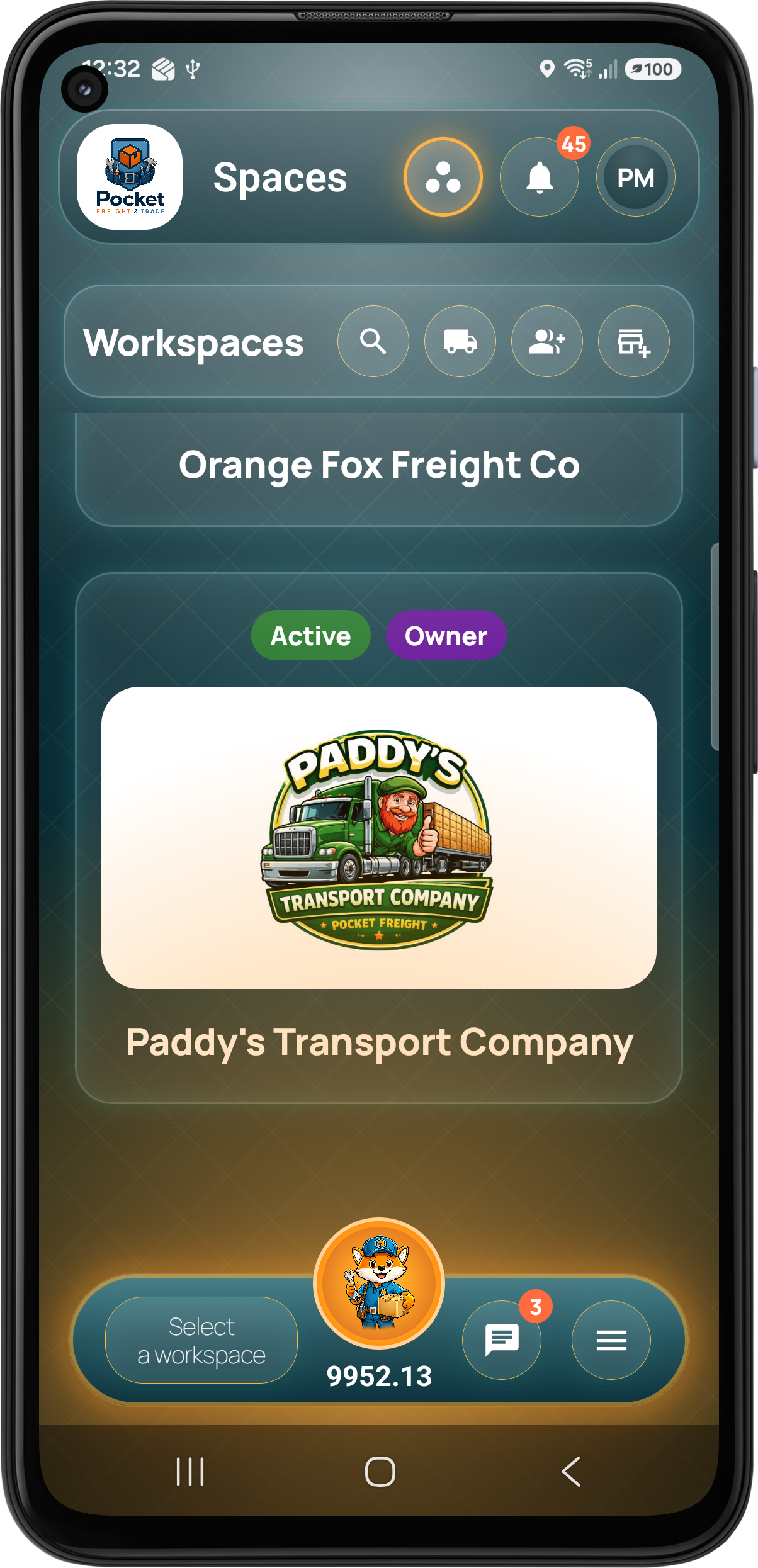 Pocket Freight & Trade workspace selector showing owner and customer roles
