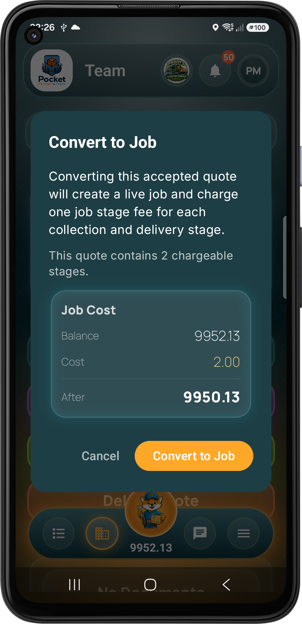 Admin confirms quote conversion to job