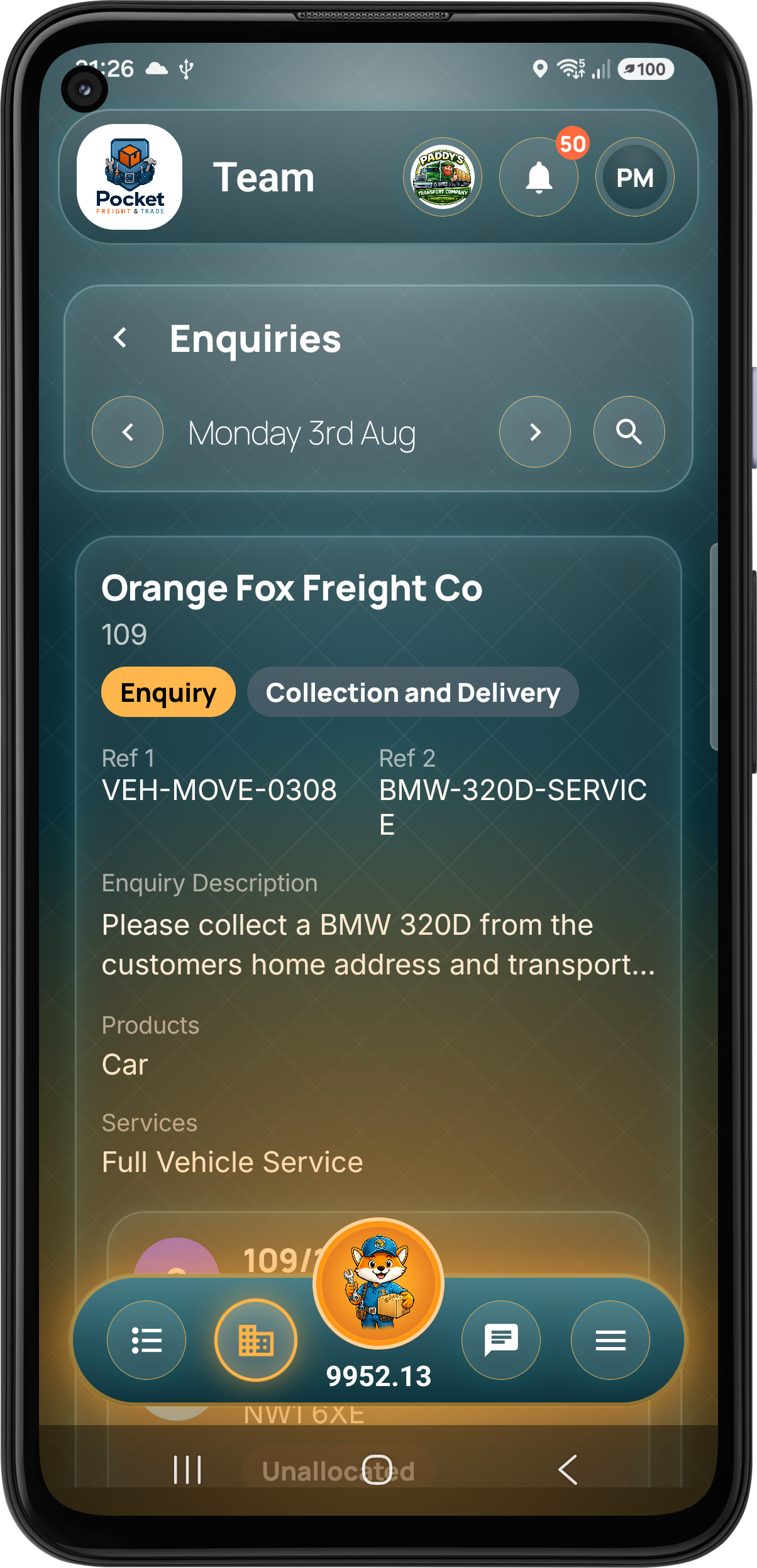 Admin enquiry list with enquiry card
