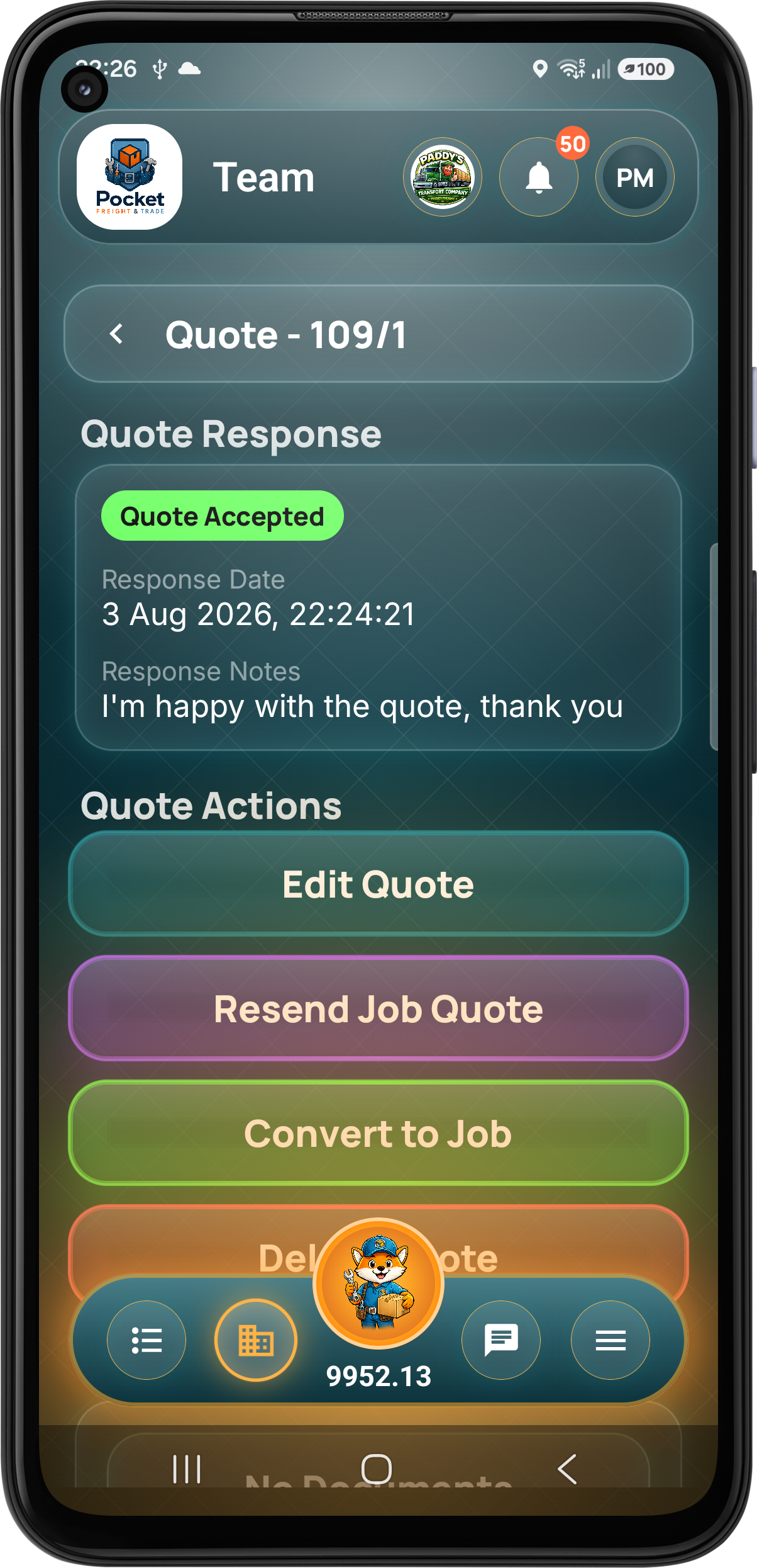 Admin reviews customer quote response