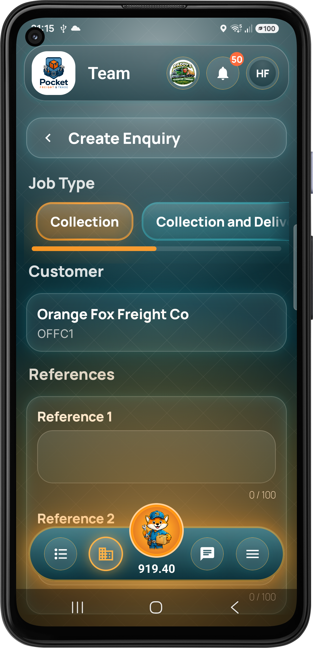 Customer creates an enquiry with job type and references