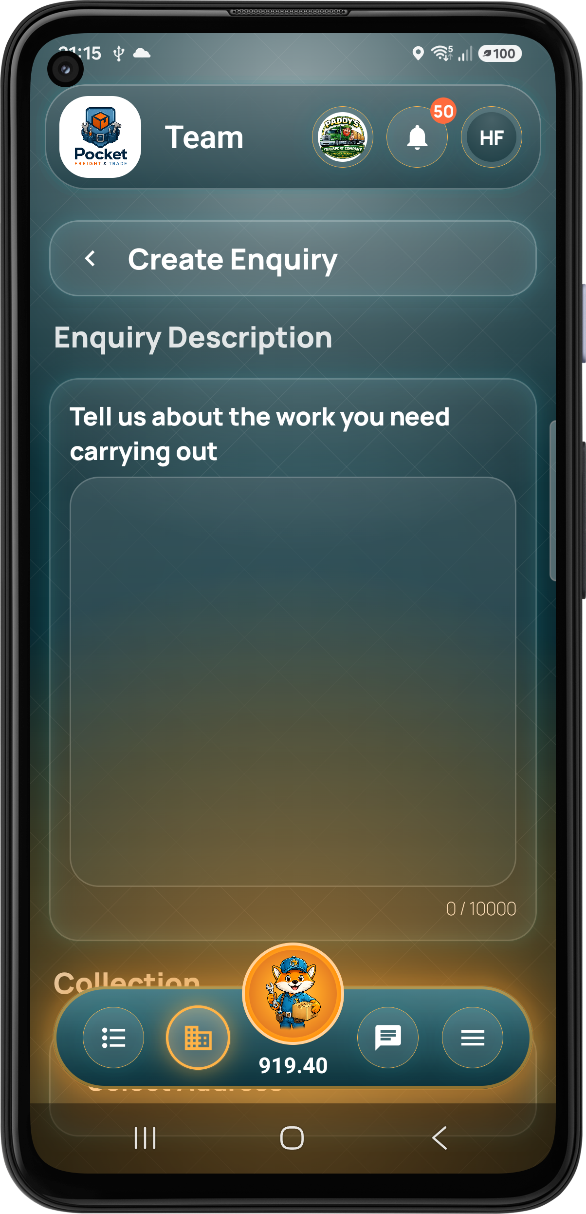 Customer adds an enquiry description