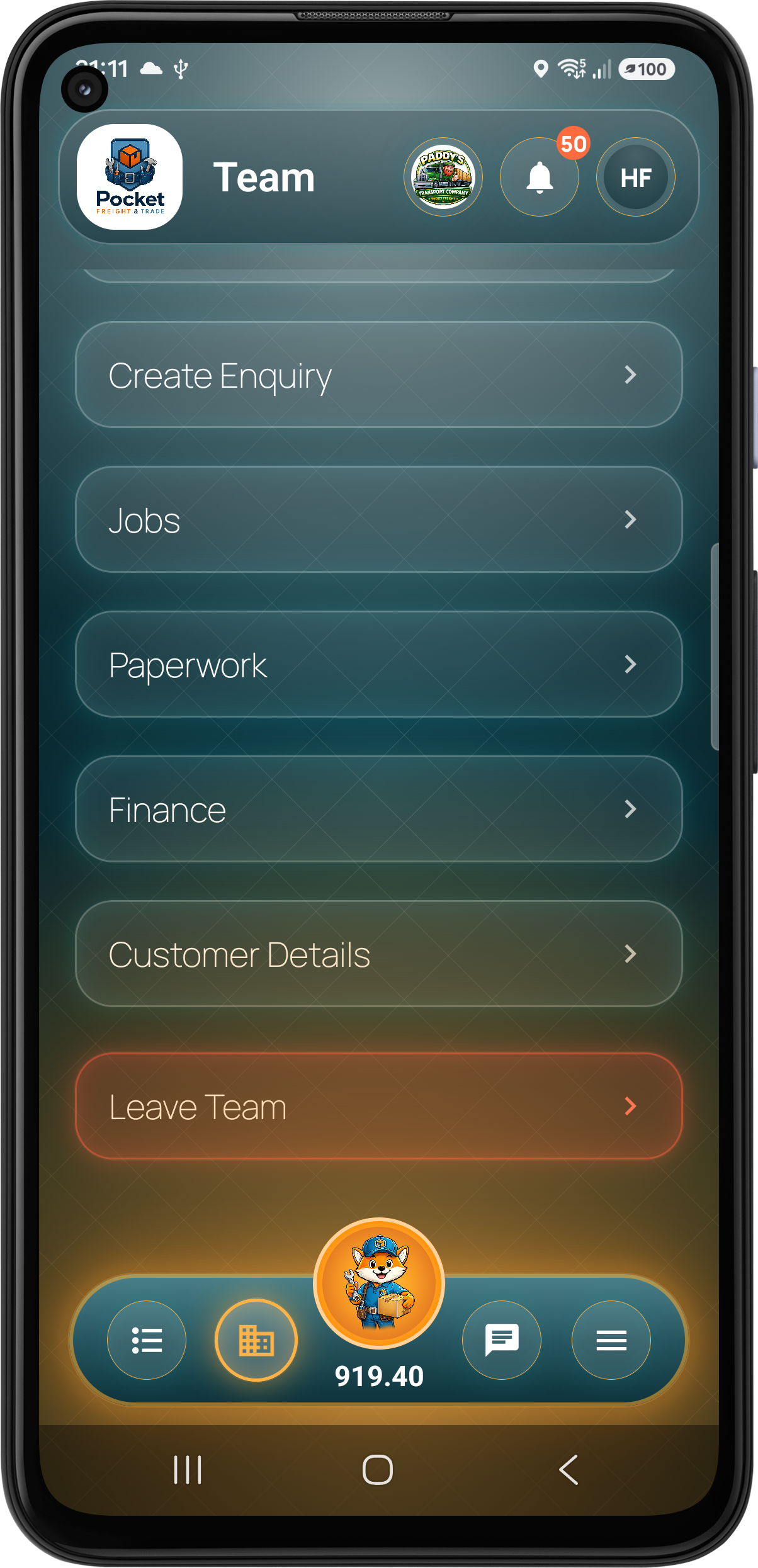 Customer workspace menu lower options