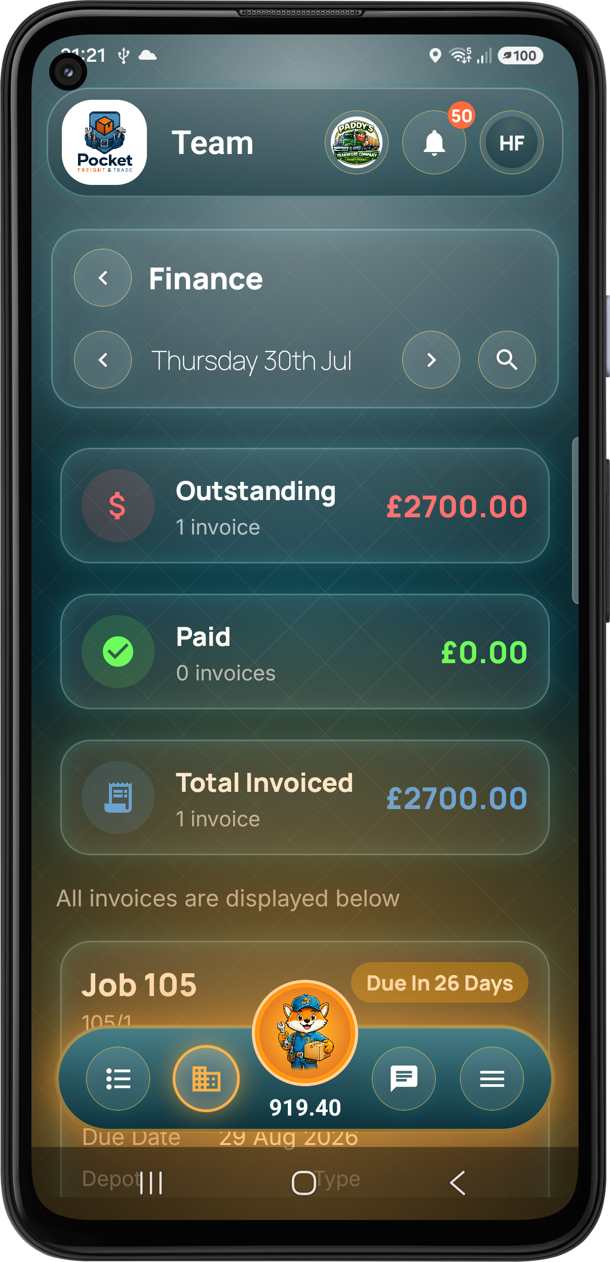 Customer finance dashboard outstanding and paid totals