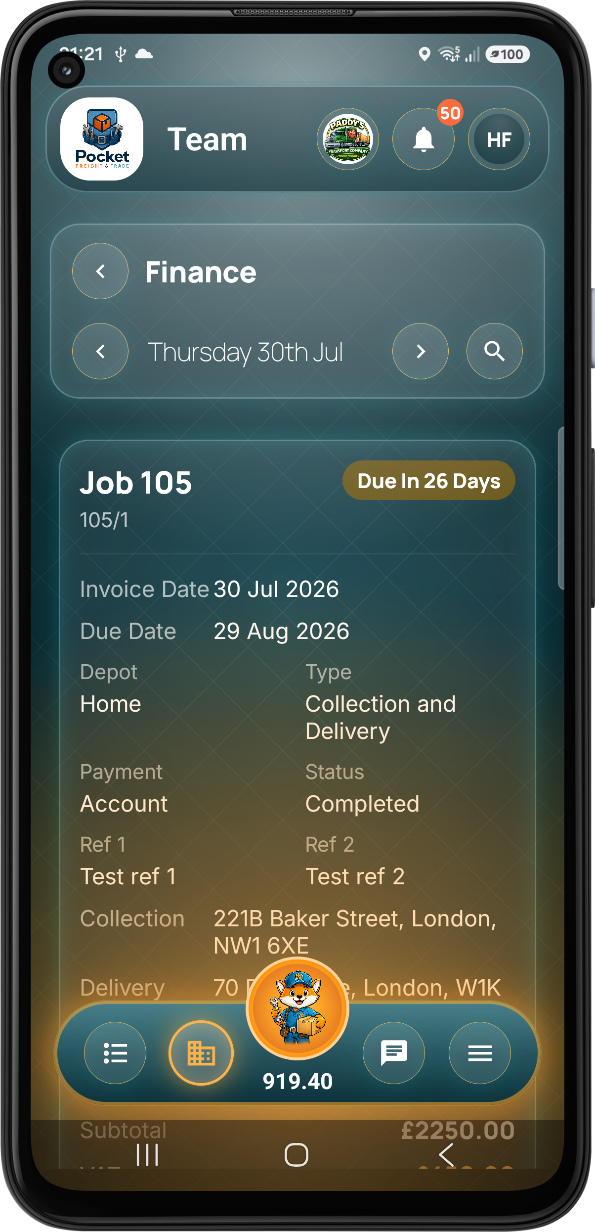 Customer invoice job breakdown
