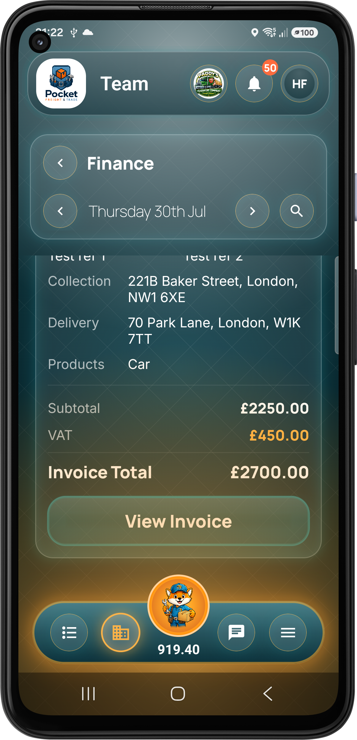 Customer invoice total and view invoice action