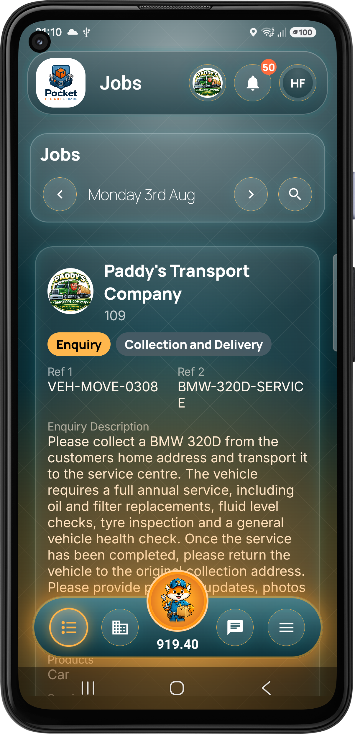 Customer live job card