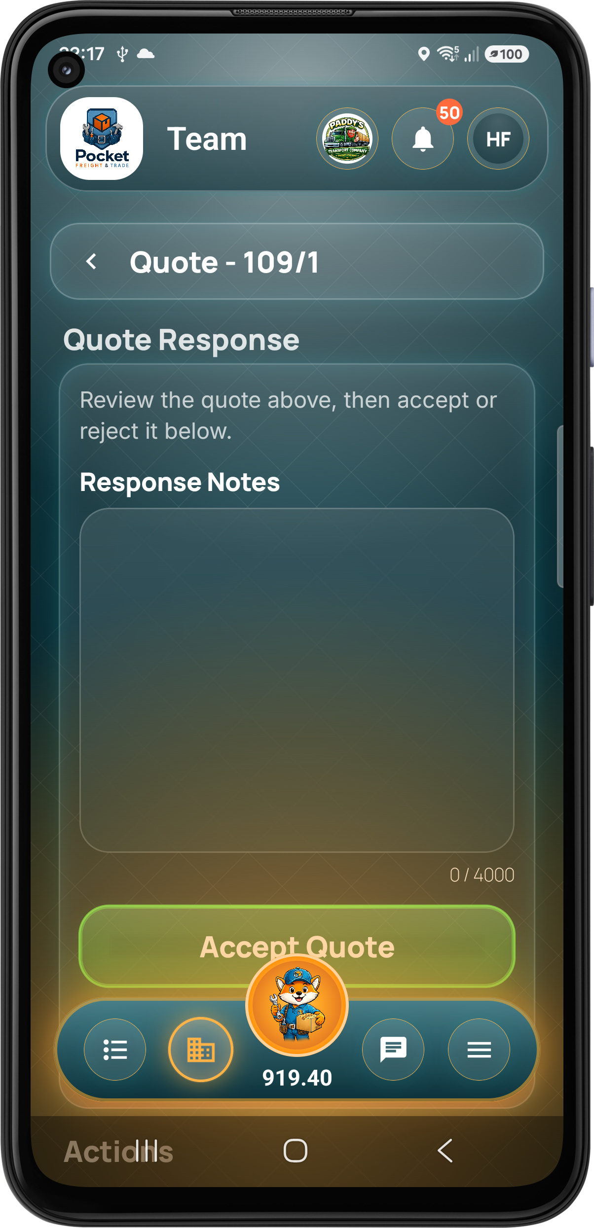 Customer enters quote response notes