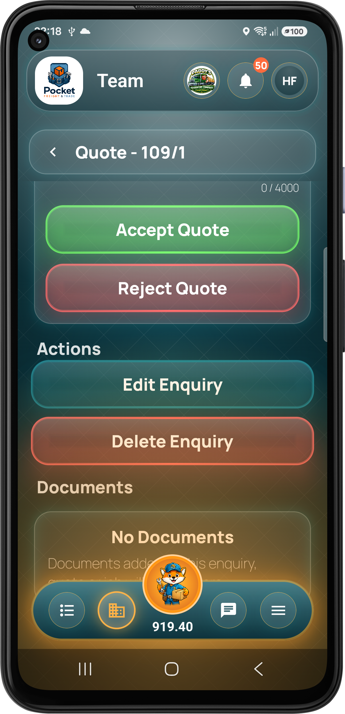 Customer accepts or rejects quote
