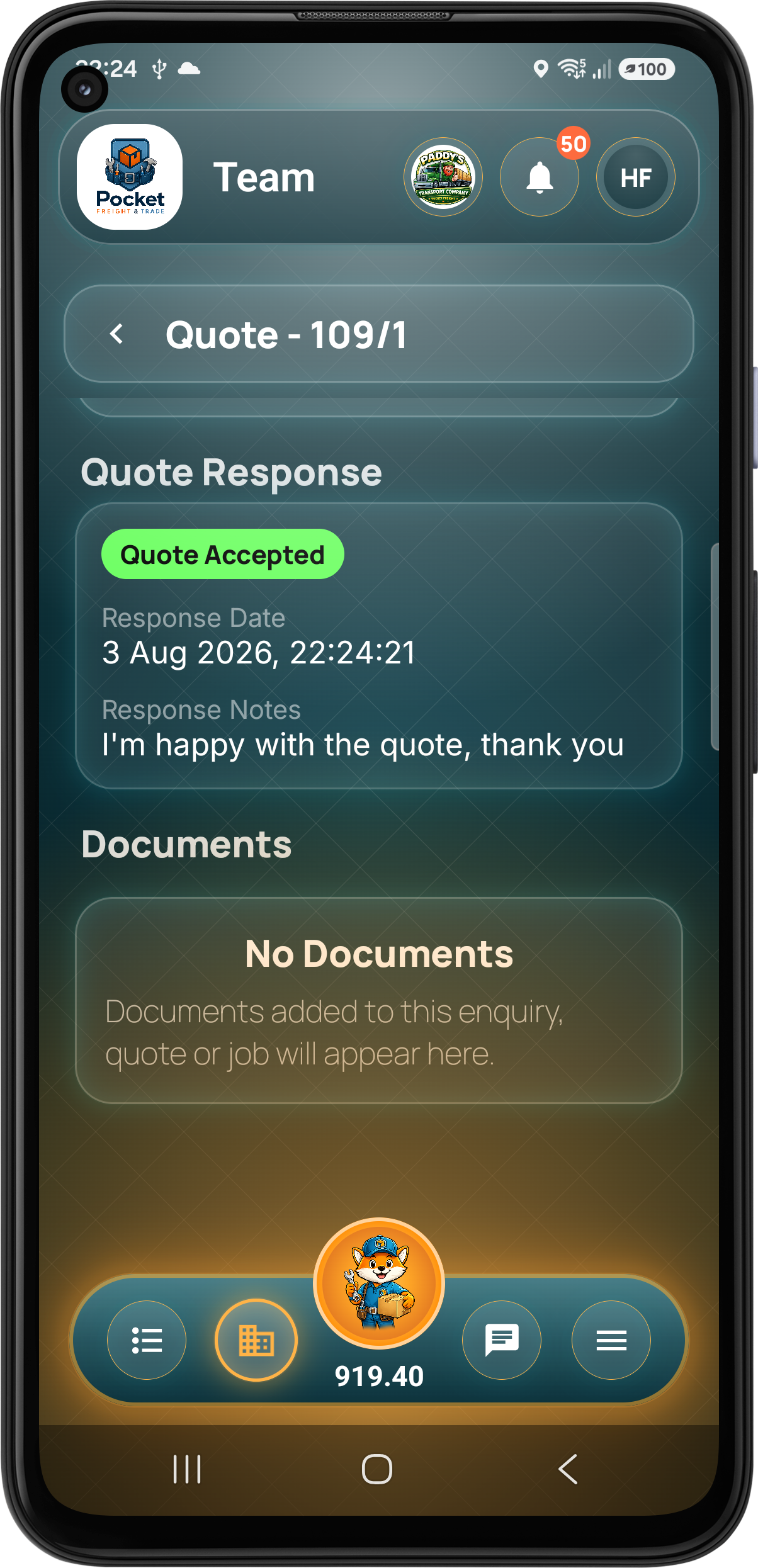 Accepted customer quote response