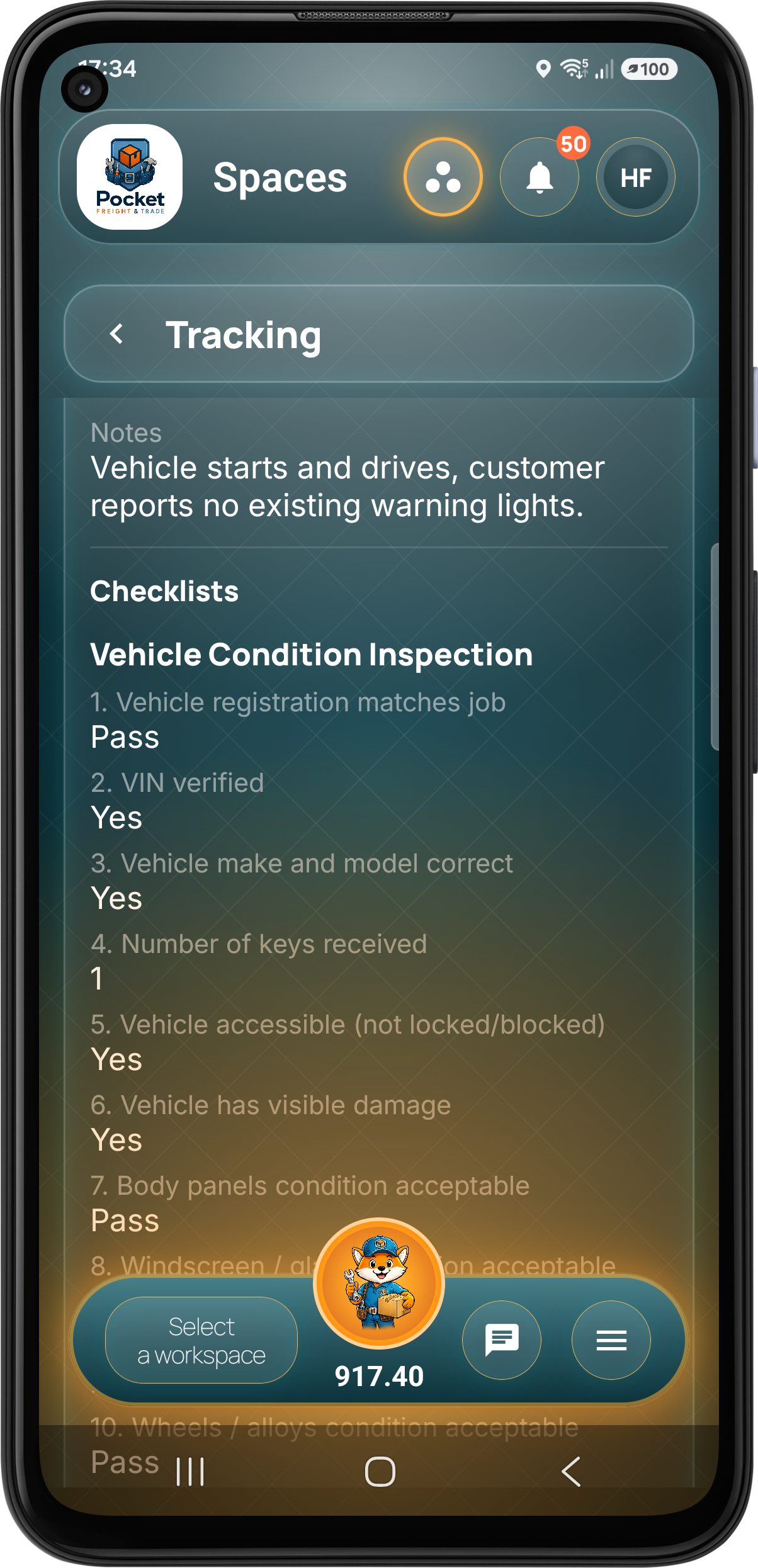 Tracked job checklist detail