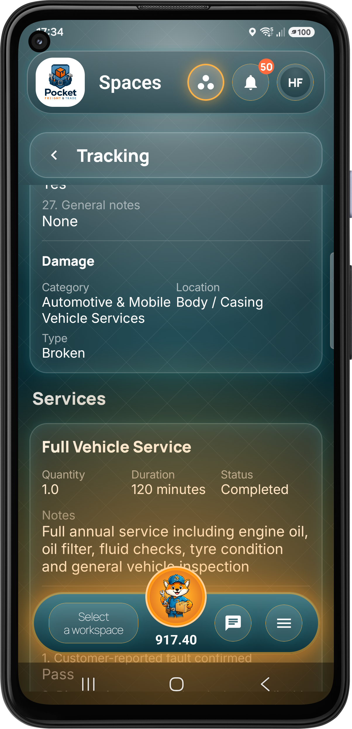 Tracked job damage and service detail