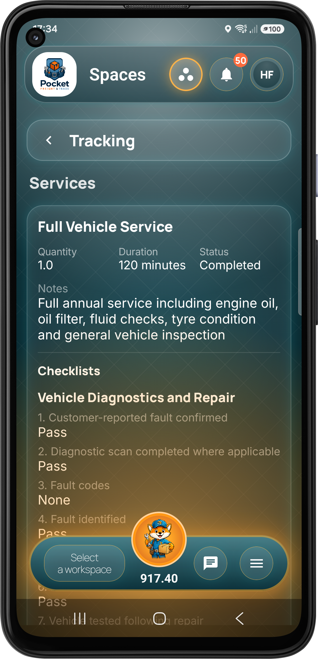 Tracked job completed service checklist