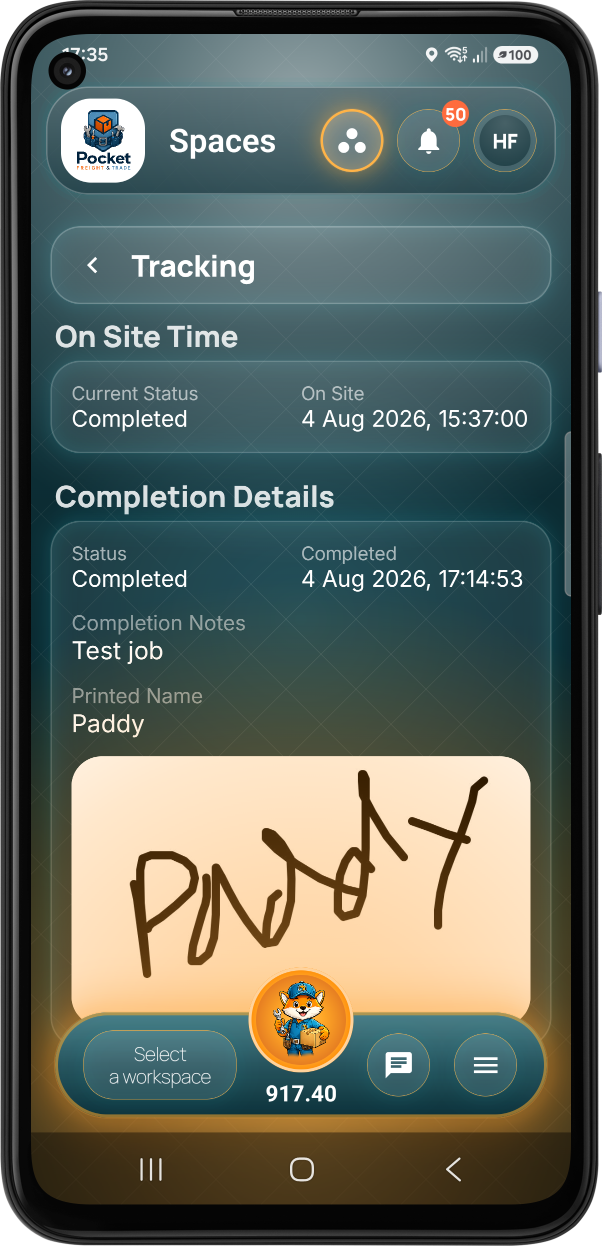 Tracked job completion details and signature