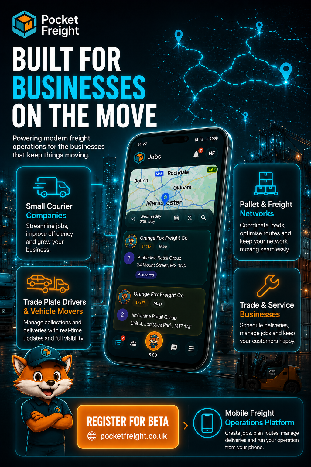 Pocket Freight app shown in a logistics marketing graphic