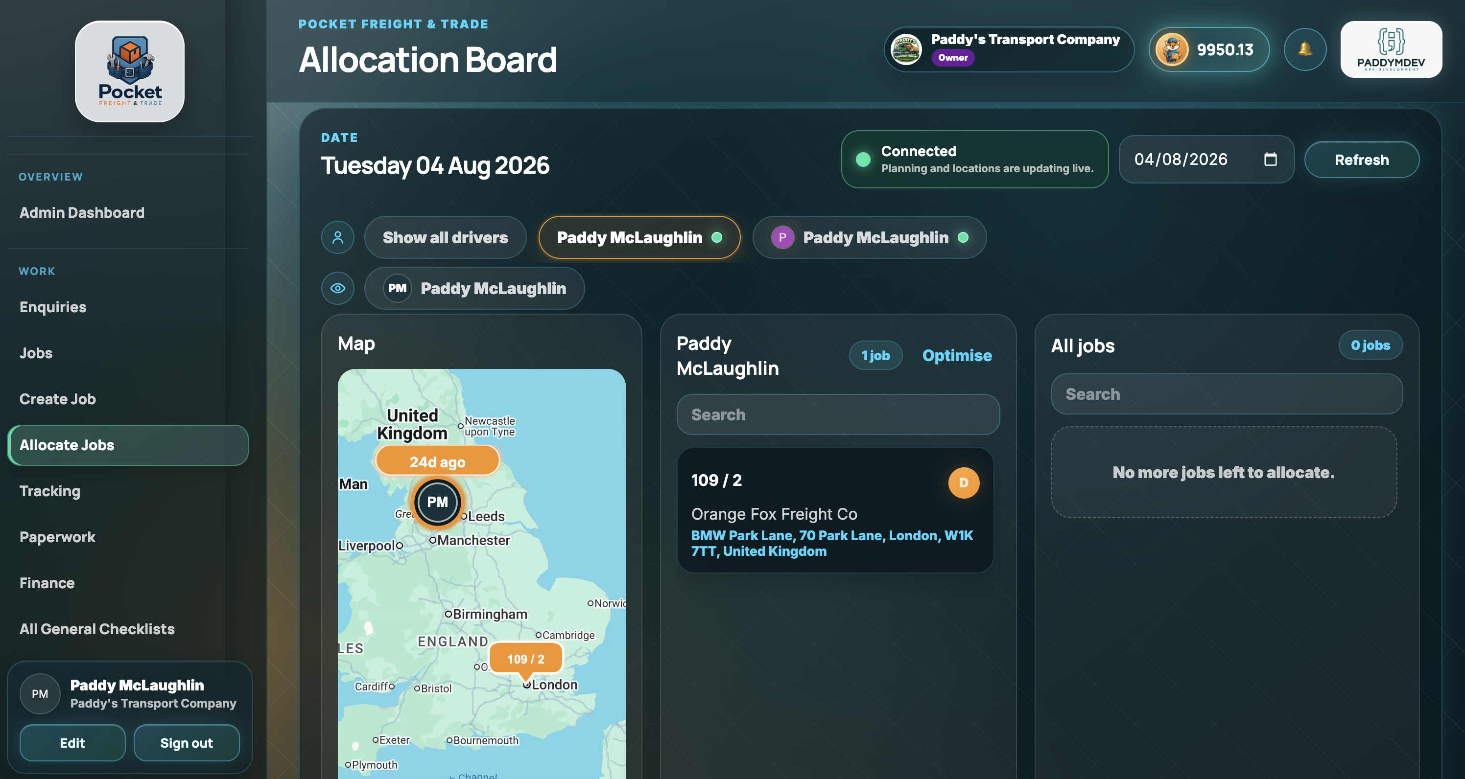 Pocket Freight web portal allocation board