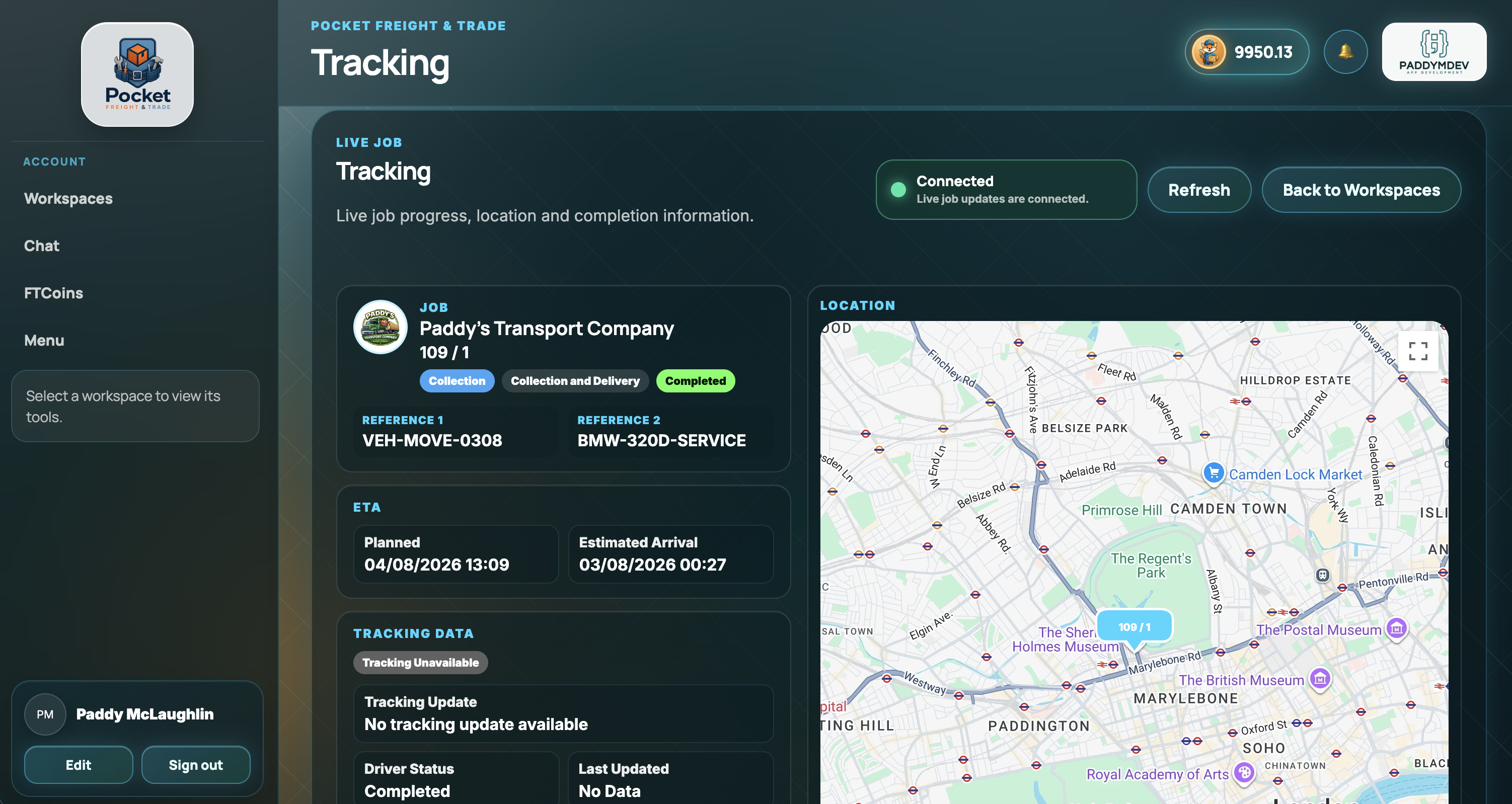 Pocket Freight web portal customer tracking overview