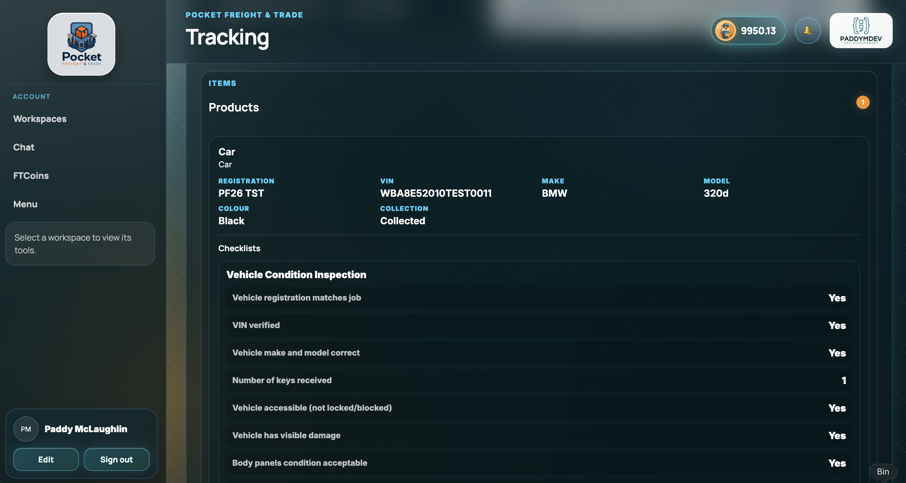 Pocket Freight web portal tracked product checklist