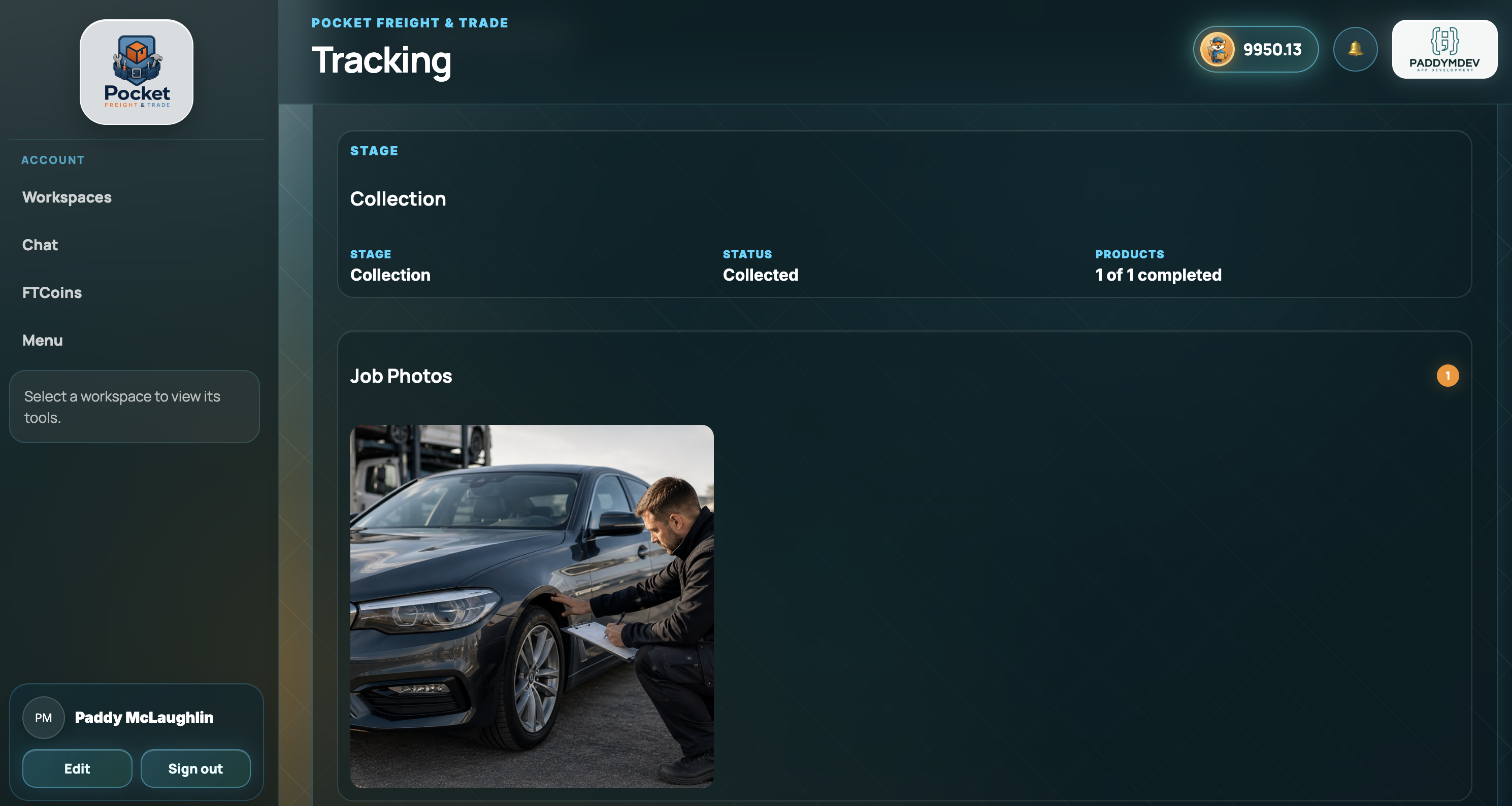 Pocket Freight web portal tracked job photos