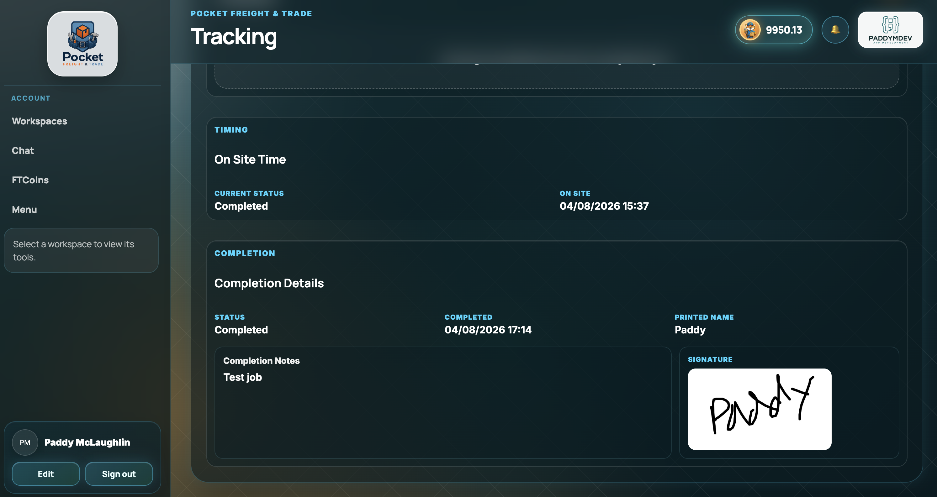 Pocket Freight web portal completion details and signature